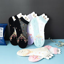 Load image into Gallery viewer, 5 Pairs Women Colourful Embroidered Crew Silk Thin Cotton Socks freeshipping - Tyche Ace