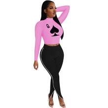 Load image into Gallery viewer, Poker Spades Print Design Long Sleeves Crop Tops & Patchwork Trousers Set freeshipping - Tyche Ace