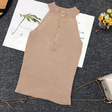 Load image into Gallery viewer, Zip Design Knitted Off-Shoulder Sleeveless Short Tank Tops for Women