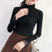Load image into Gallery viewer, Knitted Long Lace Trim Design Sleeves Turtleneck Sweaters For Women