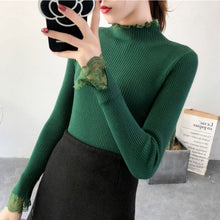 Load image into Gallery viewer, Knitted Long Lace Trim Design Sleeves Turtleneck Sweaters For Women