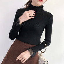 Load image into Gallery viewer, Knitted Long Lace Trim Design Sleeves Turtleneck Sweaters For Women
