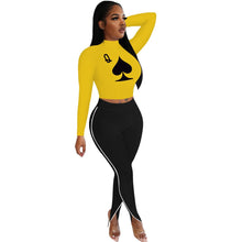 Load image into Gallery viewer, Poker Spades Print Design Long Sleeves Crop Tops & Patchwork Trousers Set freeshipping - Tyche Ace
