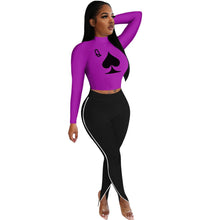 Load image into Gallery viewer, Poker Spades Print Design Long Sleeves Crop Tops & Patchwork Trousers Set freeshipping - Tyche Ace
