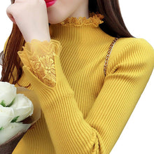 Load image into Gallery viewer, Knitted Long Lace Trim Design Sleeves Turtleneck Sweaters For Women