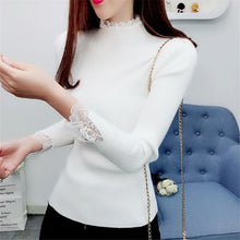 Load image into Gallery viewer, Knitted Long Lace Trim Design Sleeves Turtleneck Sweaters For Women