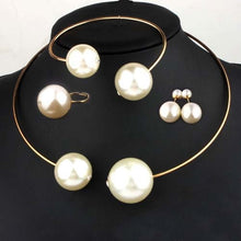 Load image into Gallery viewer, Large Faux Pearl Rhinestone Necklace Bangle Earrings Ring Sets