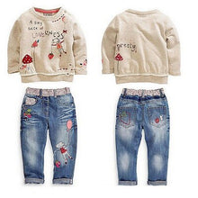 Load image into Gallery viewer, Denim Cartoon Long Sleeves Sweater + Jeans Suit Set For Kids