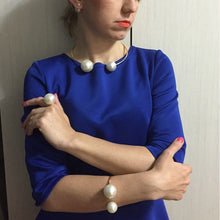 Load image into Gallery viewer, Large Faux Pearl Rhinestone Necklace Bangle Earrings Ring Sets