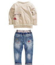Load image into Gallery viewer, Denim Cartoon Long Sleeves Sweater + Jeans Suit Set For Kids