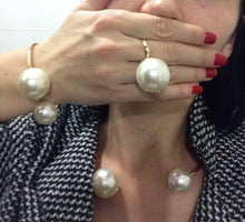 Load image into Gallery viewer, Large Faux Pearl Rhinestone Necklace Bangle Earrings Ring Sets