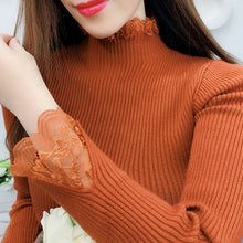 Load image into Gallery viewer, Knitted Long Lace Trim Design Sleeves Turtleneck Sweaters For Women