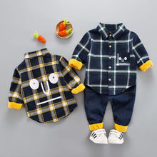 Load image into Gallery viewer, 2Pcs/Sets Thick Plush Lined Velvet Plaid Shirt & Pants Suits For Toddlers