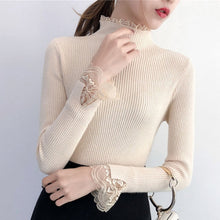 Load image into Gallery viewer, Knitted Long Lace Trim Design Sleeves Turtleneck Sweaters For Women