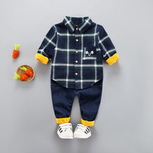 Load image into Gallery viewer, 2Pcs/Sets Thick Plush Lined Velvet Plaid Shirt & Pants Suits For Toddlers