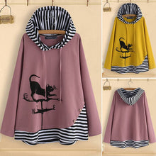 Load image into Gallery viewer, Striped Patchwork Cat Cartoon Print  Long Sleeve Hoodie freeshipping - Tyche Ace