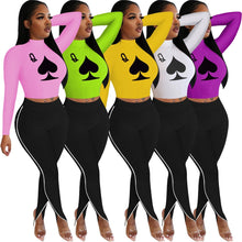 Load image into Gallery viewer, Poker Spades Print Design Long Sleeves Crop Tops & Patchwork Trousers Set freeshipping - Tyche Ace