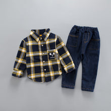 Load image into Gallery viewer, 2Pcs/Sets Thick Plush Lined Velvet Plaid Shirt & Pants Suits For Toddlers