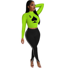 Load image into Gallery viewer, Poker Spades Print Design Long Sleeves Crop Tops & Patchwork Trousers Set freeshipping - Tyche Ace