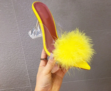 Load image into Gallery viewer, Transparent Peep Toe High Heels Feather Design Women Slip On Mules