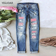 Load image into Gallery viewer, Boyfriend Jeans For Women Cargo Wide Leg Pants Women Fashion Ripped Hole Plaid Patch Patchwork Long Jeans Denim Pants Trousers - Tyche Ace