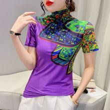 Load image into Gallery viewer, Women Turtleneck Soft Short Sleeve Mesh Elegant Stretchy Tops