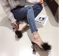 Load image into Gallery viewer, Transparent Peep Toe High Heels Feather Design Women Slip On Mules