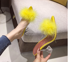Load image into Gallery viewer, Transparent Peep Toe High Heels Feather Design Women Slip On Mules