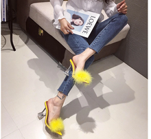 Load image into Gallery viewer, Transparent Peep Toe High Heels Feather Design Women Slip On Mules
