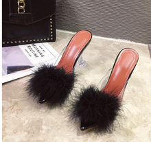 Load image into Gallery viewer, Transparent Peep Toe High Heels Feather Design Women Slip On Mules