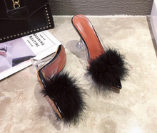 Load image into Gallery viewer, Transparent Peep Toe High Heels Feather Design Women Slip On Mules