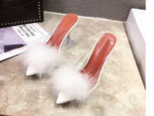 Load image into Gallery viewer, Transparent Peep Toe High Heels Feather Design Women Slip On Mules