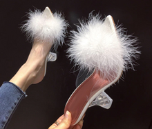 Load image into Gallery viewer, Transparent Peep Toe High Heels Feather Design Women Slip On Mules