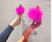Load image into Gallery viewer, Transparent Peep Toe High Heels Feather Design Women Slip On Mules