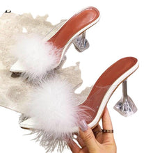 Load image into Gallery viewer, Transparent Peep Toe High Heels Feather Design Women Slip On Mules