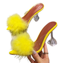 Load image into Gallery viewer, Transparent Peep Toe High Heels Feather Design Women Slip On Mules