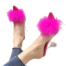 Load image into Gallery viewer, Transparent Peep Toe High Heels Feather Design Women Slip On Mules