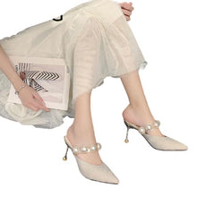 Load image into Gallery viewer, String Bead Pointed Design Thin Heels PU Slide Comfy Sandals For Women