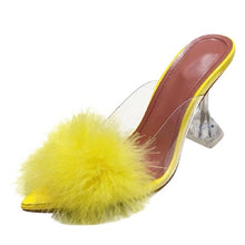 Load image into Gallery viewer, Transparent Peep Toe High Heels Feather Design Women Slip On Mules