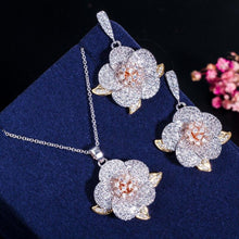 Load image into Gallery viewer, Women 3 Tone Rose Gold Micro Pave Cubic Zirconia Flower Pendant Necklace and Earrings Set freeshipping - Tyche Ace