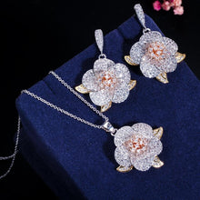 Load image into Gallery viewer, Women 3 Tone Rose Gold Micro Pave Cubic Zirconia Flower Pendant Necklace and Earrings Set freeshipping - Tyche Ace