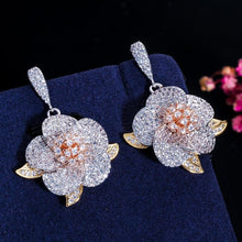 Load image into Gallery viewer, Women 3 Tone Rose Gold Micro Pave Cubic Zirconia Flower Pendant Necklace and Earrings Set freeshipping - Tyche Ace