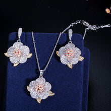Load image into Gallery viewer, Women 3 Tone Rose Gold Micro Pave Cubic Zirconia Flower Pendant Necklace and Earrings Set freeshipping - Tyche Ace