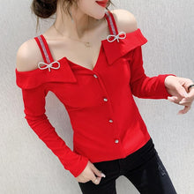 Load image into Gallery viewer, Women Elegant Slim Cut Off The shoulder Rhinestones Design Tops freeshipping - Tyche Ace