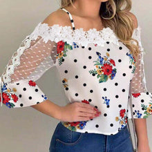 Load image into Gallery viewer, Women Elegant Stylish Casual Cold Shoulder Mesh Insert Dots Floral Print Blouse freeshipping - Tyche Ace