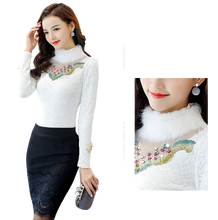 Load image into Gallery viewer, Women Front Embroidered Thick Velvet Lace Faux Fur Collar Blouse freeshipping - Tyche Ace