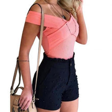 Load image into Gallery viewer, Women High Waist Button Ruffled Beaded Summer Shorts freeshipping - Tyche Ace