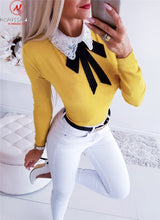 Load image into Gallery viewer, Women Long Sleeve Patchwork Bow Lace Design Turn-down Collar Blouse freeshipping - Tyche Ace