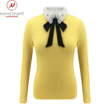 Load image into Gallery viewer, Women Long Sleeve Patchwork Bow Lace Design Turn-down Collar Blouse freeshipping - Tyche Ace
