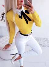 Load image into Gallery viewer, Women Long Sleeve Patchwork Bow Lace Design Turn-down Collar Blouse freeshipping - Tyche Ace